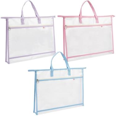 Imagem de CRASPIRE 3 Pçs Sacos de Projeto de Malha com Alças Retângulo A3 3 Cores PVC Colorido Camada Dupla Pasta Arquivo Arquivo Papéis Zíper Bolsas para Escola Escritório Trabalho Costura Obras de Arte