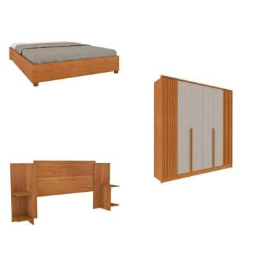 Imagem de Quarto Casal Guarda-Roupa 6 portas Ripado Nova York e Cama Box Casal Mônaco com Cabeceira Ajustável Cinamomo/Off White