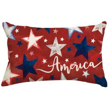 Imagem de RABUSOFA 4th of July Patriotic Memorial Day Fronhas 30,5 x 50,8 cm Capa de almofada vermelha branca e azul do Dia da Independência da Estrela, decoração lombar ao ar livre para sofá doméstico (2red-12