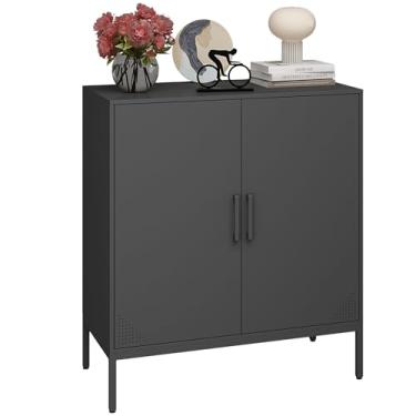 Imagem de Steehoom Armário de armazenamento de metal com prateleiras ajustáveis, aparador buffet de aço para entrada, sala de estar, sala de jantar, cozinha, escritório, bar (preto, H35.43)