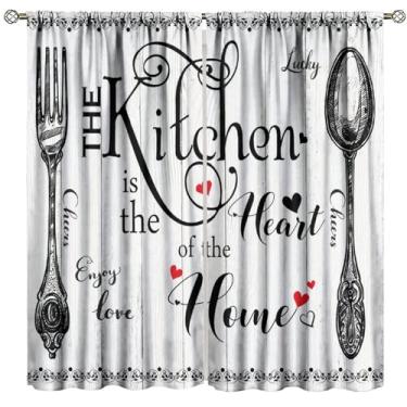 Imagem de Cortinas de cozinha vintage, casa de fazenda rústica, minimalista, preto, branco, arte, esboço, faca, garfo, citações, decoração de tábuas de madeira, cortinas blackout para janela com bolso de haste