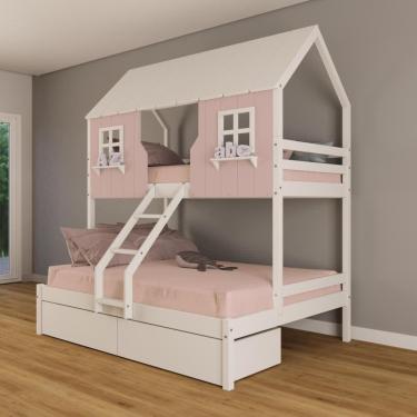 Imagem de Beliche Casal/ Solteiro Casinha Encantada com 02 Gavetas Madeira Maciça Rosa/ Branco Housin