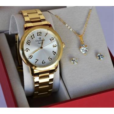Imagem de Relogio champion feminino dourado numeros cn26000w + kit semi joia