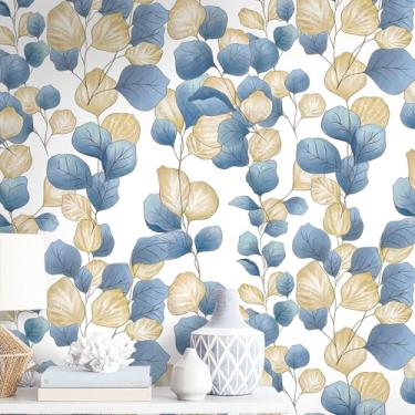 Imagem de Vinjiasin Papel de parede Boho folha de papel de parede de contato azul folhas modernas papel de parede autoadesivo floral folha azul papel de parede removível para quarto banheiro sala de estar 44 cm