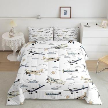 Imagem de Jogo de cama casal com desenho animado de avião, crianças, crianças, meninos, adolescentes, avião, reversível, conjunto de edredom com tema de aviação