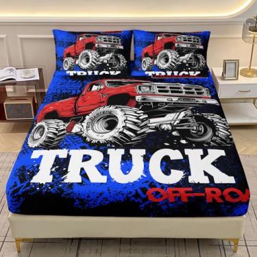 Imagem de AILONEN Jogo de lençol solteiro com desenho animado de caminhão monstro, caminhão vermelho, carro de grafite azul com 2 fronhas, 3 peças