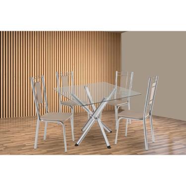 Imagem de Kit 4 Cadeiras Sala Jantar Volga c/ Tampo de Vidro 90cm e 4 Cadeiras Florença Cromada - Courano Bege - Kappesberg
