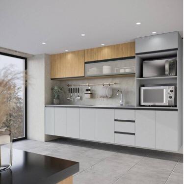 Imagem de Cozinha Modulada 8 Peças 4 Aéreos 3 Balcões 1 Torre Quente Nara Cabecasa Madeiramadeira Avena/Cinza Claro