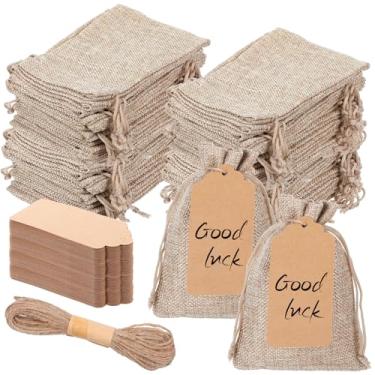 Imagem de Lemecima 100 sacos de presente de serapilheira com 100 peças de etiquetas de presente de papel kraft com cordão, sacos pequenos de estopa a granel, bolsas de saco de estopa para artesanato de festa de