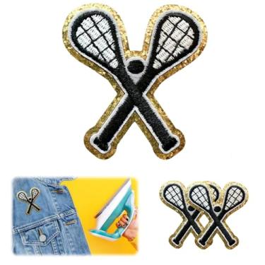 Imagem de Patch de lacrosse para passar a ferro – 2 peças de adesivos em bastão de lacrosse de chenille para meninos, adesivos de chapéu esportivo, patch de jaqueta DIY, aplique bordado para roupas infantis