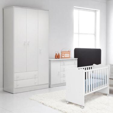 Imagem de Conjunto Infantil Doce Sonho Branco: Berço Doce Sonho + Kit Rodízios + Cômoda Doce Sonho + Guarda-roupa Doce Sonho