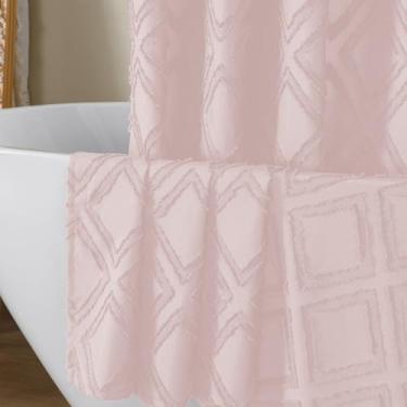 Imagem de OWENIE Conjunto de cortina de chuveiro blush, cortina de chuveiro boho de tecido texturizado geométrico jacquard para banheiro, cortinas de chuveiro de fazenda estilo hotel macio ilhós top 12 ganchos