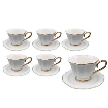 Imagem de Jogo 6 Xícaras de Chá Café com Pires 240ml Borda Dourada Porcelana Bra