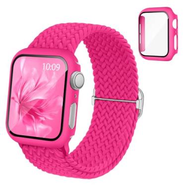 Imagem de Pulseira elástica trançada compatível com relógio Apple e capa de 40 mm, 41 mm, 42 mm, 44 mm, 45 mm, 46 mm, pulseira elástica de nylon e capa protetora com protetor de tela para Apple Watch séries 11