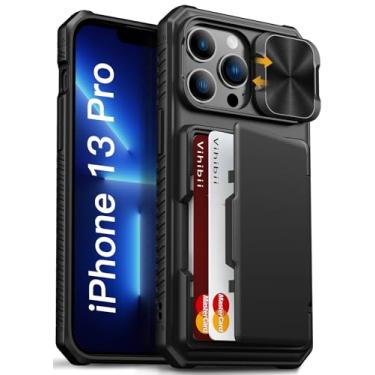 Imagem de Vihibii Capa para iPhone 13 Pro com suporte para cartão (4 cartões) [bloqueio RFID] e capa de câmera deslizante, proteção contra quedas de grau militar, traseira rígida robusta e borda de silicone