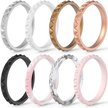Imagem de ThunderFit Alianças Femininas em Silicone (sem metal/pedra) – Anéis Empilháveis Textura Triangular – 2,5mm largura, 2mm espessura – Pacote 1/4/8/12/16, Tamanho 6.5-7 (17,35mm)