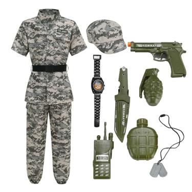 Imagem de GRAJTCIN Kids Army Costume Halloween Party Military Soldier Dress up Military Costumes for Boys Short Sleeve M (8-10Y)