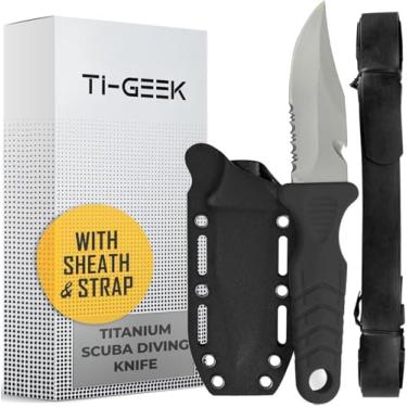Imagem de TI GEEK Faca de lâmina fixa de sobrevivência de titânio com bainha e tiras - Coldre em mergulhadores BCD, coxa/perna, fivela de cinto ou pulso GC, corte, borda serrilhada e cortador de linha (ponta de