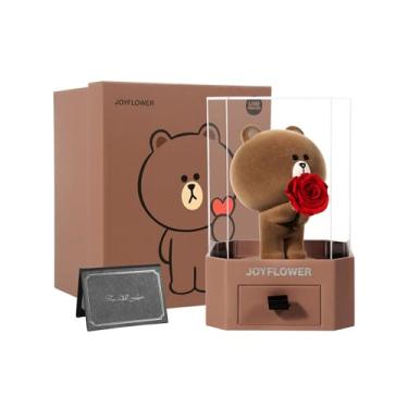 Imagem de JoyFlower Flores preservadas com urso marrom fofo, presente romântico de rosa real eterna com capa de acrílico para namorada, esposa, ela no dia dos namorados, aniversário, Natal, casamentos,