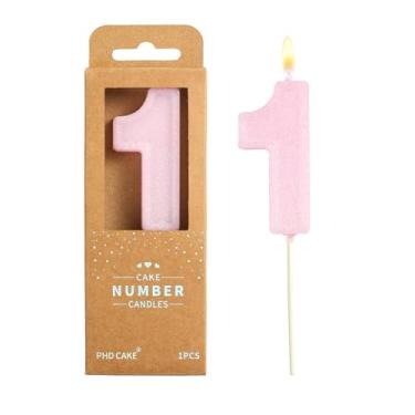 Imagem de PHD CAKE 1 número de velas de aniversário com glitter rosa luxuoso, 1 número, velas de número rosa, velas com número de bolo, celebração de festa