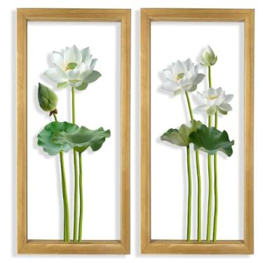 Imagem de XORT Arte de parede de flores de metal 3D (conjunto de 2), leve, pronto para pendurar, arte de parede floral emoldurada para sala de estar, quarto, cozinha, banheiro, sala de jantar, casa. (Branco-01