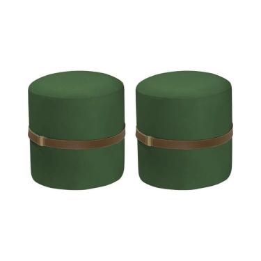 Imagem de Kit 2 Puffs Decorativos Redondo Old Com Cinto Estofado Veludo Verde