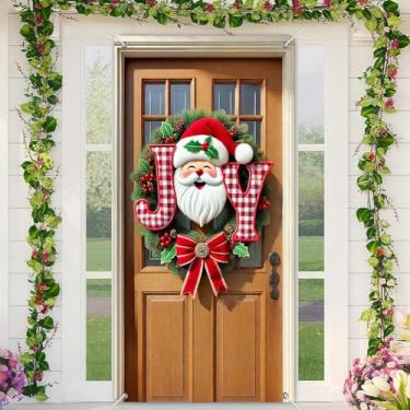 Imagem de BlissYard Capa para porta de Natal, 99 x 188 cm, painel de fundo para varanda frontal, guirlanda de papai noel, letras de alegria, vermelho, verde, branco, marrom, faixa de boas-vindas sazonal