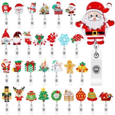 Imagem de Yinkin 30 peças de carretéis de crachá retrátil de Natal, guilter de acrílico, porta-crachá de identificação de enfermeira de Natal, cartão de nome com clipe giratório jacaré, boneco de neve, alce, suporte de crachá para enfermeira, presente de ano novo
