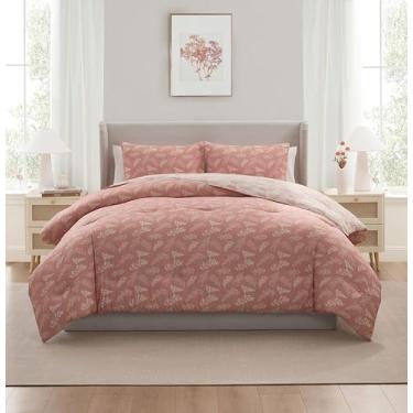 Imagem de Nestl Conjunto de edredom tamanho casal – Blush em uma bolsa, conjunto de cama reversível, 3 peças, conjunto de cama floral macio, edredom botânico para todas as estações com fronhas