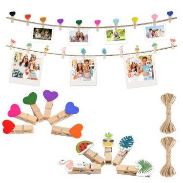Imagem de XDW-GIFTS Prendedores de roupa de madeira, mini clipes de foto de 3,5 cm com fio de juta, coração fofo e clipe de flamingo para chá de bebê, casamento, aniversário e Natal