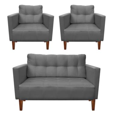 Imagem de Kit 1 Sofá Namoradeira e 2 Poltronas Livia Suede Grafite Pés Chanfrado Castanho - D'Rossi