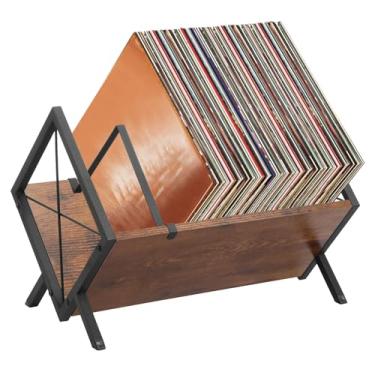 Imagem de ZFLYCANP Suporte de disco de vinil, rack de armazenamento LP de metal, feito de madeira maciça selecionada e metal premium com divisor ajustável, economiza espaço, fácil montagem para registros