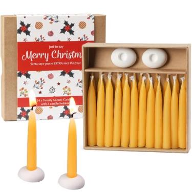 Imagem de DEYBBY Velas de meditação de cera de abelha de 20 minutos para o Natal - Conjunto de 24 mini velas cônicas de cera de abelha para presente com 3 castiçais pequenos
