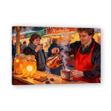 Imagem de Barraca de vinho quenteArte em tela de Natal inspirada no impressionista, decoração de parede quente para férias com pinceladas suaves para casa emoldurado de 50 x 75 cm