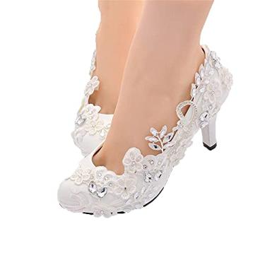 Imagem de Bigfanshu Sandálias femininas de salto alto sapatos de casamento sapatos de casamento de renda branca diamante pérola sapatos de noiva sapatos de dama de honra vestido sapatos de princesa sapatos de tamanho grande, Branco, 37 BR