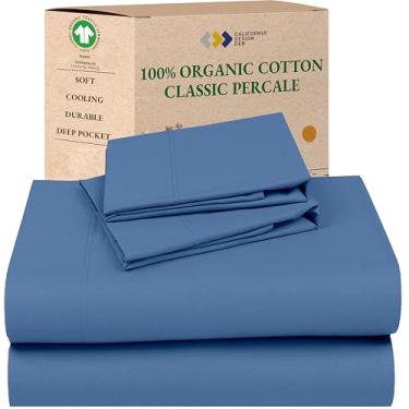 Imagem de California Design Den Jogo de cama queen size macio 100% algodão orgânico - Percal fresco e fresco, lençóis orgânicos com bolso profundo com elástico antiderrapante, respirável e durável - Azul