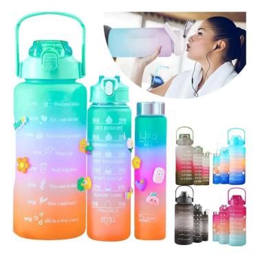 Imagem de Kit 3 Garrafas Água Academia 2000 900 300Ml Verde Roxo Laran