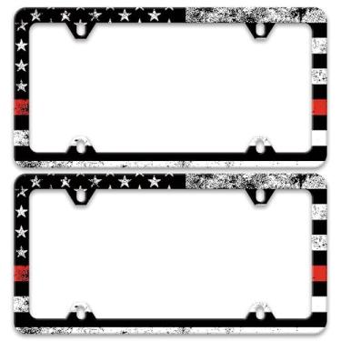 Imagem de Pacote com 2 molduras engraçadas para placa de carro com bandeira americana fina linha vermelha fina para bombeiros Molduras engraçadas para placa de carro Suporte de placa de licença de aço