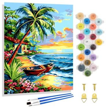 Imagem de Yunnuo Kit de pintura de paisagem por números para adultos iniciantes, pintura de praia para adultos por números em tela com tinta acrílica e 3 pincéis, pintura de barco de madeira para casa de campo