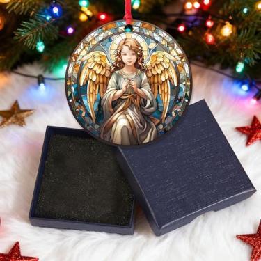 Imagem de Anjo da religião do cristianismo, enfeite de acrílico de 7 cm para decoração de árvore de Natal, pingente, presente cristão, igreja, com caixa de presente, enfeite para pendurar no Natal-SJ-008
