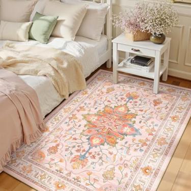 Imagem de RELEANY Tapetes de área 9,5 x 1,5 m, lavável, antiderrapante, estampa floral, vintage, tapete medalhão para sala de estar, quarto, sala de jantar, rosa claro colorido