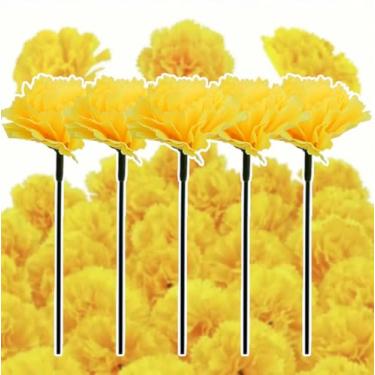 Imagem de 10 peças de flores artificiais de calêndula, flores de calêndula de seda com hastes, flores artificiais para decoração de Diwali, casamento indiano, casa, guirlanda de guirlanda DIY (amarelo, 15 cm)