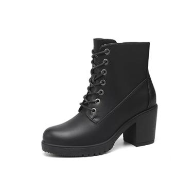 Imagem de TYNDALL Botas femininas de salto grosso, salto alto, com cadarço, zíper lateral, botas para meninas, pretas, Preto - PU, 41