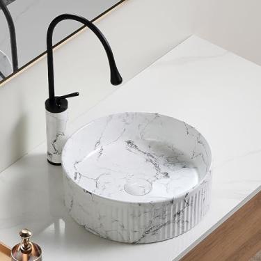 Imagem de Pia de vaso de banheiro redonda de 36,8 cm, moderna, branca, acima do balcão, pias com torneira, pia de bancada para armário e lavatório (315 cores)