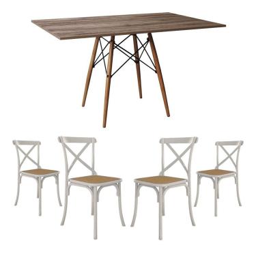 Imagem de Conjunto De Mesa Eiffel Retangular Tampo De Madeira 120X75Cm Amêndoa Com 4 Cadeiras Katrina Branca
