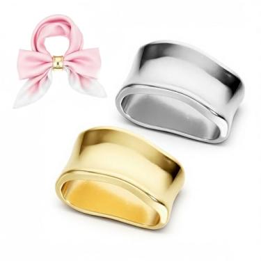 Imagem de 2 Pçs Anel de Lenço de Seda Oblata Metal Cachecóis de Seda Clipe para Mulheres Minimalista Geométrico Xale Cachecóis Fivela Dourada e Prata Fivela Deslizante Moda Cachecol Anel Broches