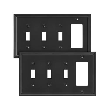 Imagem de TREEWELL Pacote com 2 decoradores/placa tripla para interruptor de luz, capas de tomada elétrica decorativas modernas pretas, placas de interruptor de parede de fibra de bambu e capas de tomada