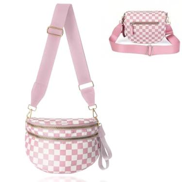 Imagem de Bolsa transversal quadriculada para mulheres, espaçosa bolsa xadrez de nylon com carteira removível, alça ajustável, pochete de grande capacidade, Rosa e branco, One Size, Xadrez