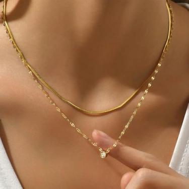 Imagem de Colar feminino com pingente de zircão de camada dupla de aço inoxidável, moderno, antimanchas, hipoalergênico, ajustável, 40 + 5 cm