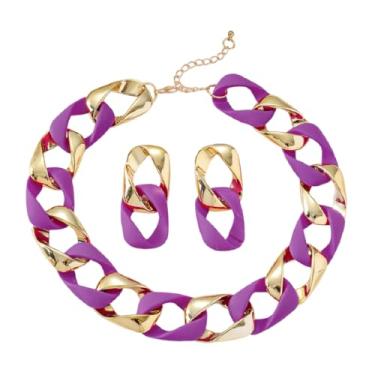 Imagem de Conjunto de brincos de colar de corrente grossa colorido punk grosso grosso cubano gargantilha colar acrílico moderno pingente brinco conjunto de joias para mulheres, Metal, Sem Pedra Preciosa